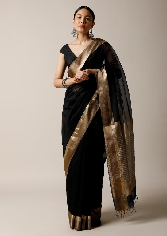 Plain Black Sari With A Golden Border