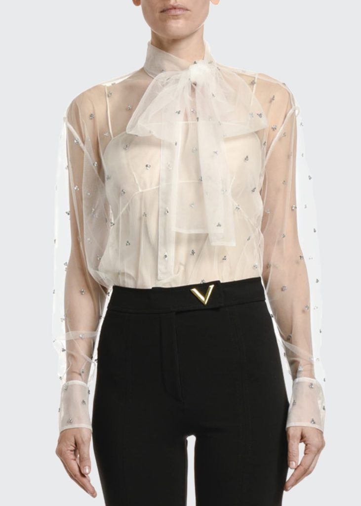 how to style a sheer top over a camisole - VALENTINO Jeweled Tulle Bow-Neck Blouse 